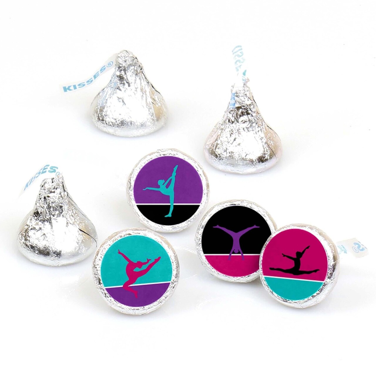 Big Dot of Happiness Tumble, Flip & Twirl - Gymnastics - Birthday Party Round Candy Sticker Favors - Labels Fits Chocolate Candy (1 sheet of 108)